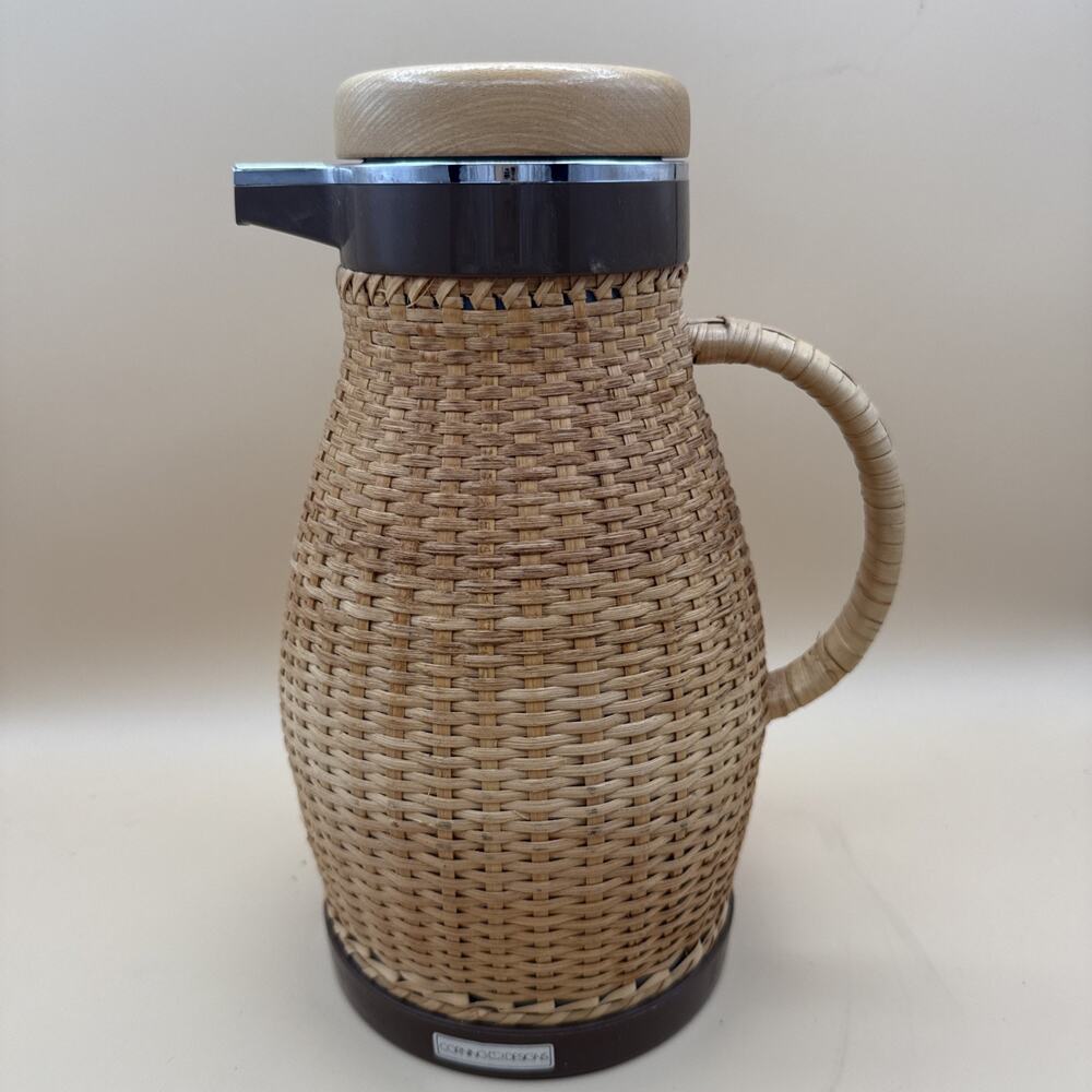 VTG 70s Corning Wicker Rattan Coffee Water Carafe Insulated Pitcher MCM Boho